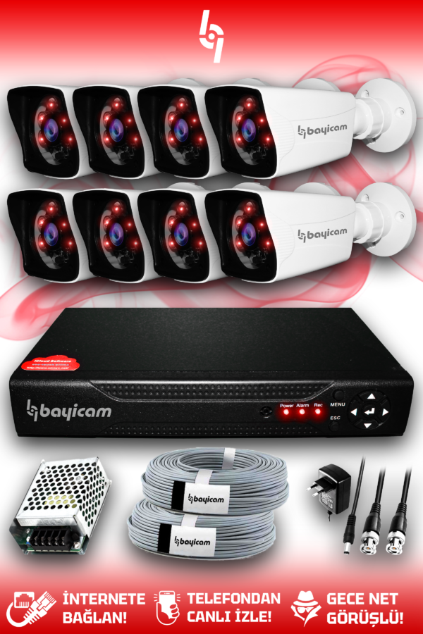 8 Kameralı Kare 8 Dış Kamera Set HDD'siz Full HD Gece Görüşlü Güvenlik Kamerası Sistemi