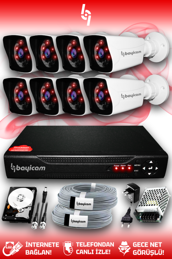 8 Kameralı Kare 8 Dış Kamera Set 2 TB HDD Full HD Gece Görüşlü Güvenlik Kamerası Sistemi