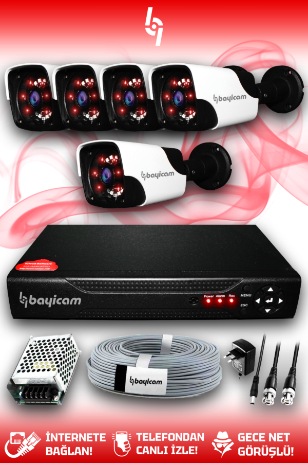 5 Kameralı Panda 5 Dış Kamera Set HDD'siz Full HD Gece Görüşlü Güvenlik Kamerası Sistemi