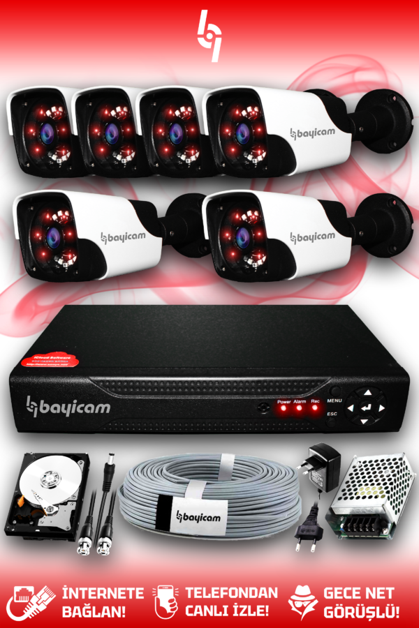 6 Kameralı Panda 6 Dış Kamera Set 1 TB HDD Full HD Gece Görüşlü Güvenlik Kamerası Sistemi