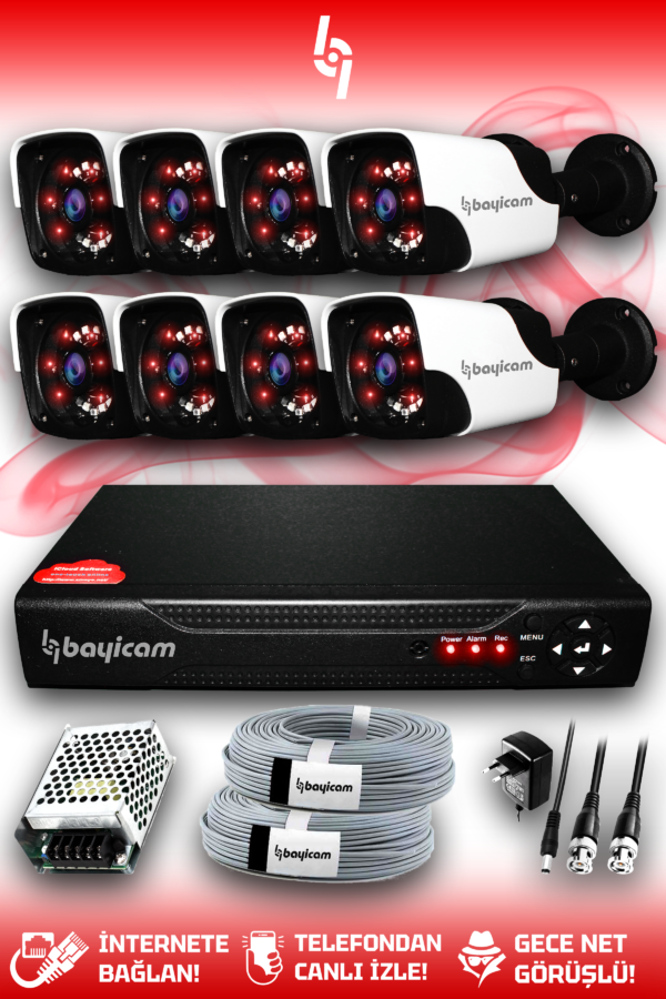 8 Kameralı Panda 8 Dış Kamera Set HDD'siz Full HD Gece Görüşlü Güvenlik Kamerası Sistemi