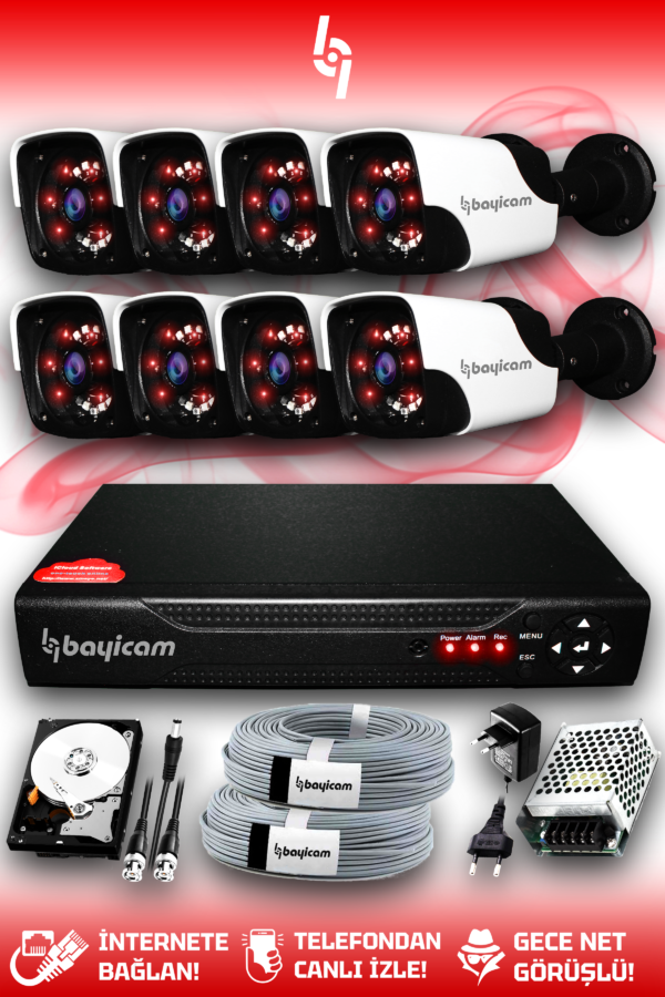 8 Kameralı Panda 8 Dış Kamera Set 2 TB HDD Full HD Gece Görüşlü Güvenlik Kamerası Sistemi