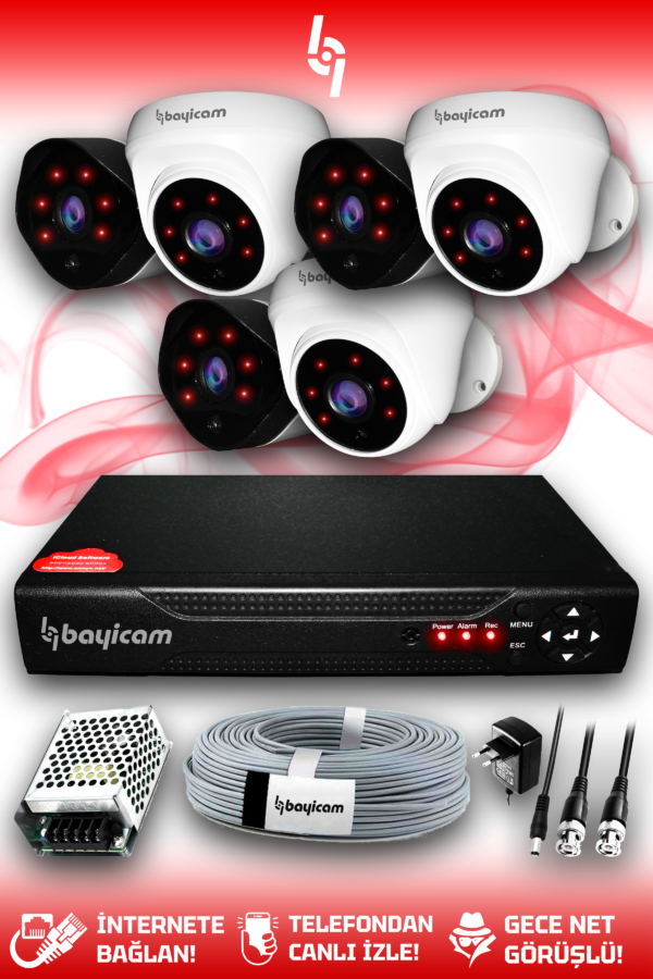 6 Kameralı Uzay 3 İç Kamera Set HDD'siz Full HD Gece Görüşlü Güvenlik Kamerası Sistemi