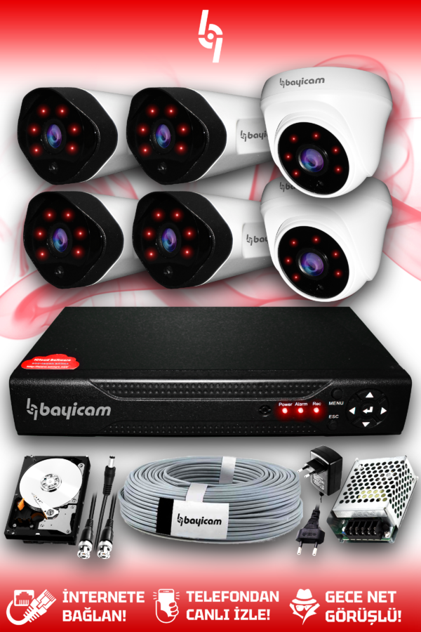 6 Kameralı Uzay 2 İç Kamera Set 500 GB HDD Full HD Gece Görüşlü Güvenlik Kamerası Sistemi