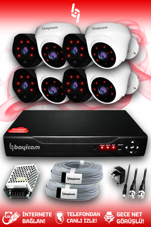 8 Kameralı Uzay 4 İç Kamera Set HDD'siz Full HD Gece Görüşlü Güvenlik Kamerası Sistemi