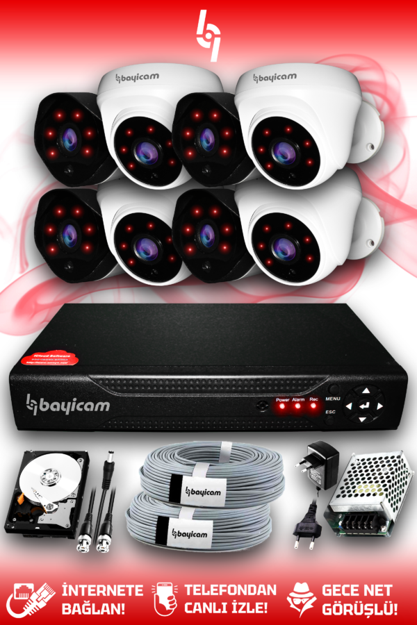 8 Kameralı Uzay 4 İç Kamera Set 2 TB HDD Full HD Gece Görüşlü Güvenlik Kamerası Sistemi