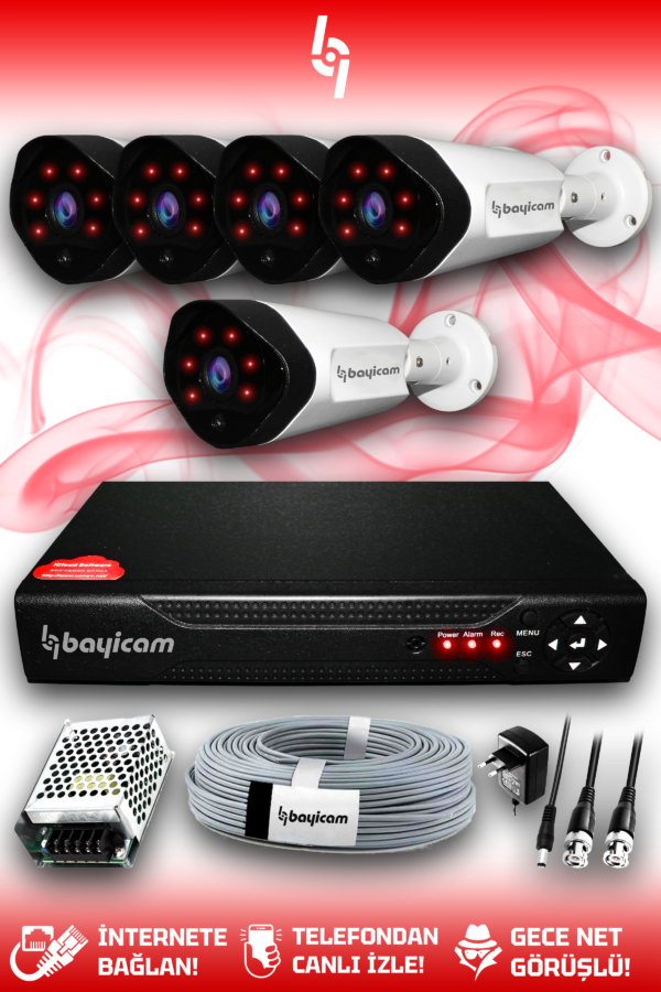 5 Kameralı Uzay 5 Dış Kamera Set HDD'siz Full HD Gece Görüşlü Güvenlik Kamerası Sistemi