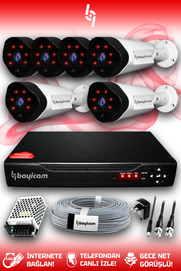 6 Kameralı Uzay 6 Dış Kamera Set HDD'siz Full HD Gece Görüşlü Güvenlik Kamerası Sistemi