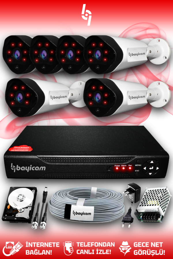 6 Kameralı Uzay 6 Dış Kamera Set 100 GB HDD Full HD Gece Görüşlü Güvenlik Kamerası Sistemi