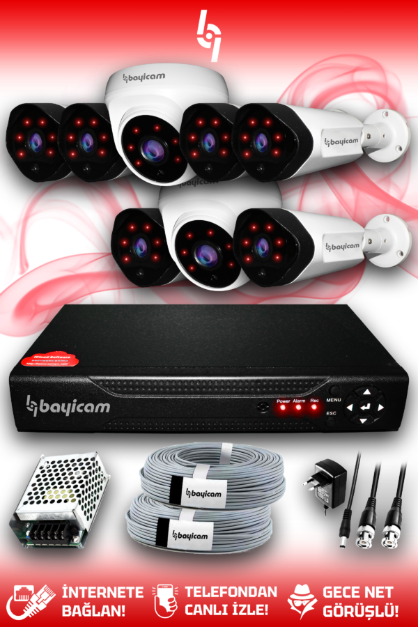 8 Kameralı Uzay 2 İç Kamera Set HDD'siz Full HD Gece Görüşlü Güvenlik Kamerası Sistemi