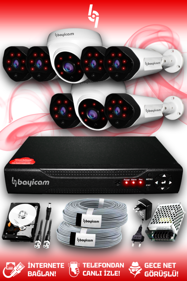8 Kameralı Uzay 2 İç Kamera Set 1 TB HDD Full HD Gece Görüşlü Güvenlik Kamerası Sistemi