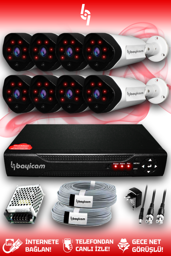 8 Kameralı Uzay 8 Dış Kamera Set HDD'siz Full HD Gece Görüşlü Güvenlik Kamerası Sistemi