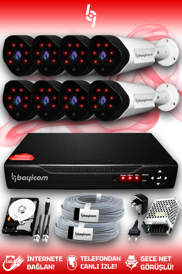 8 Kameralı Uzay 8 Dış Kamera Set 2 TB HDD Full HD Gece Görüşlü Güvenlik Kamerası Sistemi