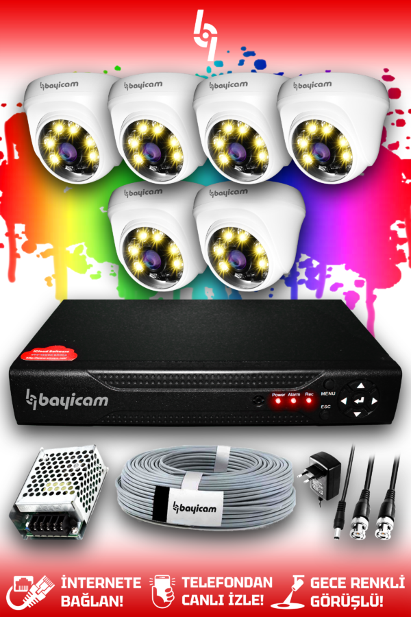 6 Kameralı Dome 6 İç Kamera Set HDD'siz Full HD Renkli Gece Görüşlü Güvenlik Kamerası Sistemi