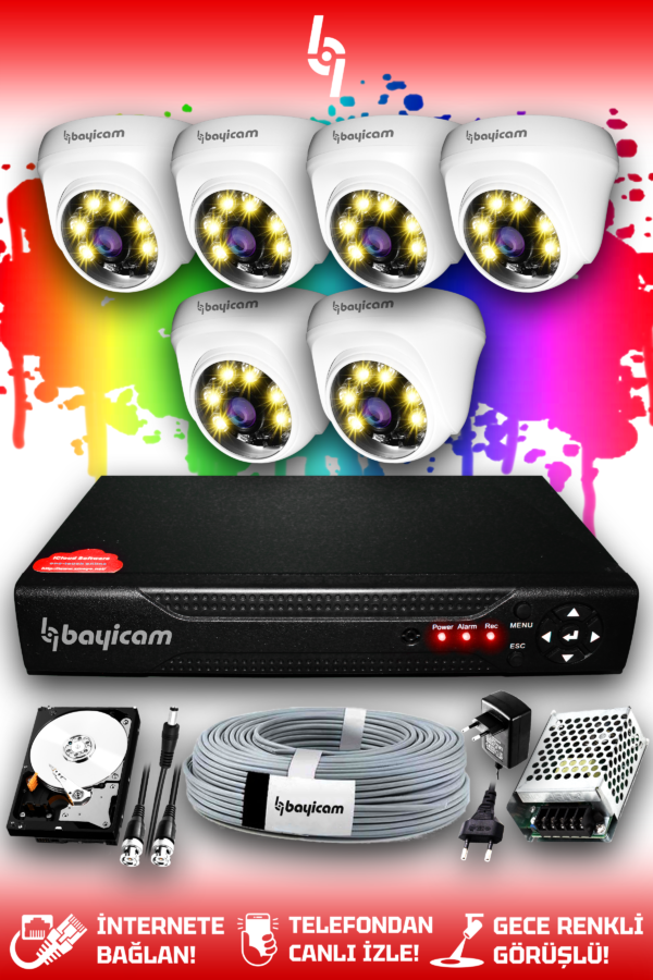 6 Kameralı Dome 6 İç Kamera Set 500 GB HDD Full HD Renkli Gece Görüşlü Güvenlik Kamerası Sistemi