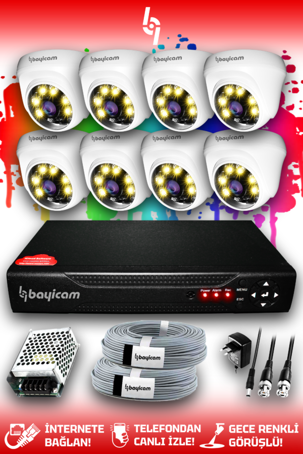 8 Kameralı Dome 8 İç Kamera Set HDD'siz Full HD Renkli Gece Görüşlü Güvenlik Kamerası Sistemi