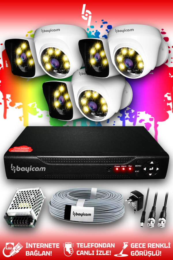 6 Kameralı Kare 3 İç Kamera Set HDD'siz Full HD Renkli Gece Görüşlü Güvenlik Kamerası Sistemi