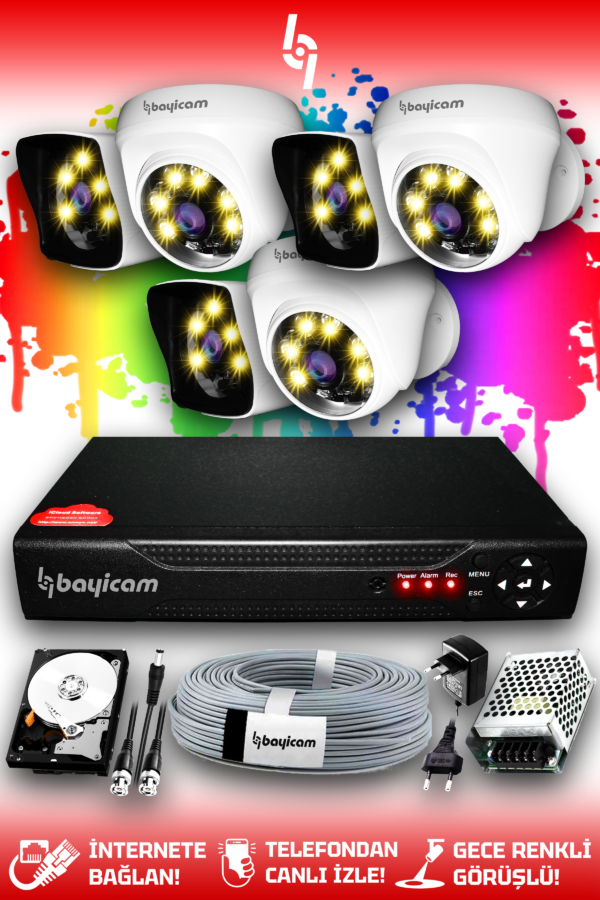 6 Kameralı Kare 3 İç Kamera Set 2 TB HDD Full HD Renkli Gece Görüşlü Güvenlik Kamerası Sistemi