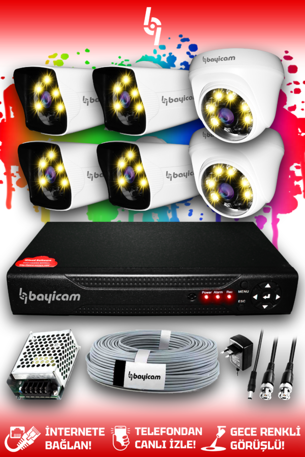 6 Kameralı Kare 2 İç Kamera Set HDD'siz Full HD Renkli Gece Görüşlü Güvenlik Kamerası Sistemi