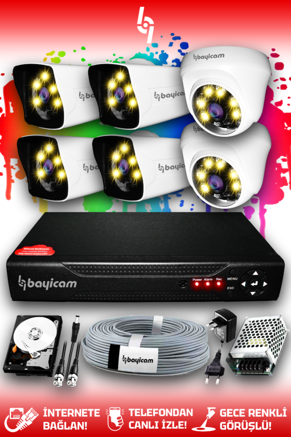 6 Kameralı Kare 2 İç Kamera Set 1 TB HDD Full HD Renkli Gece Görüşlü Güvenlik Kamerası Sistemi