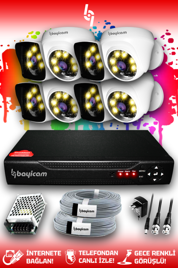 8 Kameralı Kare 4 İç Kamera Set HDD'siz Full HD Renkli Gece Görüşlü Güvenlik Kamerası Sistemi