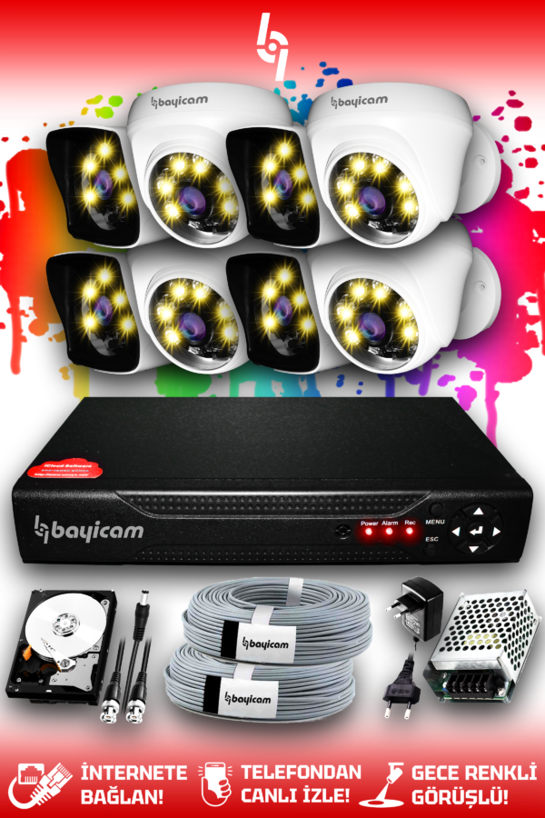 8 Kameralı Kare 4 İç Kamera Set 320 GB HDD Full HD Renkli Gece Görüşlü Güvenlik Kamerası Sistemi