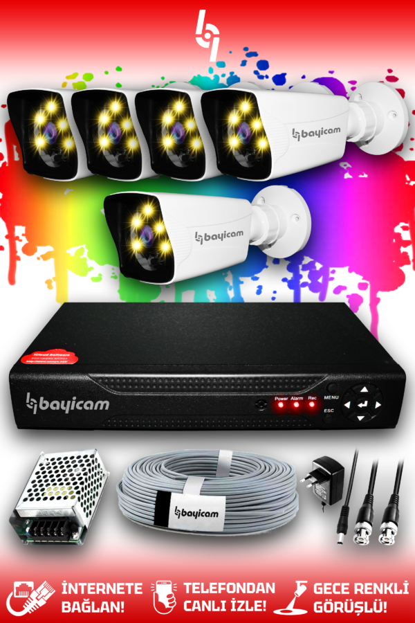 5 Kameralı Kare 5 Dış Kamera Set HDD'siz Full HD Renkli Gece Görüşlü Güvenlik Kamerası Sistemi