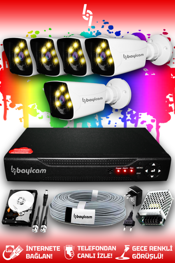 5 Kameralı Kare 5 Dış Kamera Set 320 GB HDD Full HD Renkli Gece Görüşlü Güvenlik Kamerası Sistemi