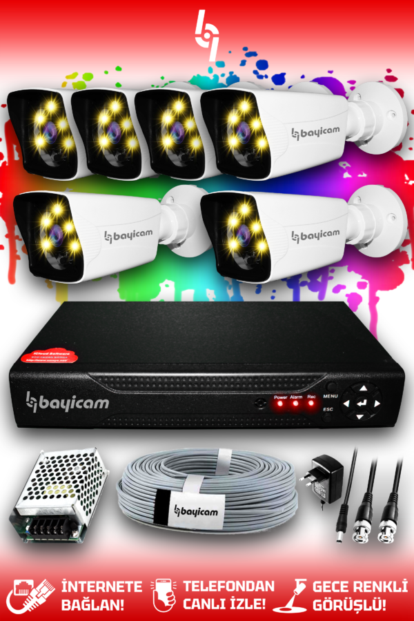 6 Kameralı Kare 6 Dış Kamera Set HDD'siz Full HD Renkli Gece Görüşlü Güvenlik Kamerası Sistemi