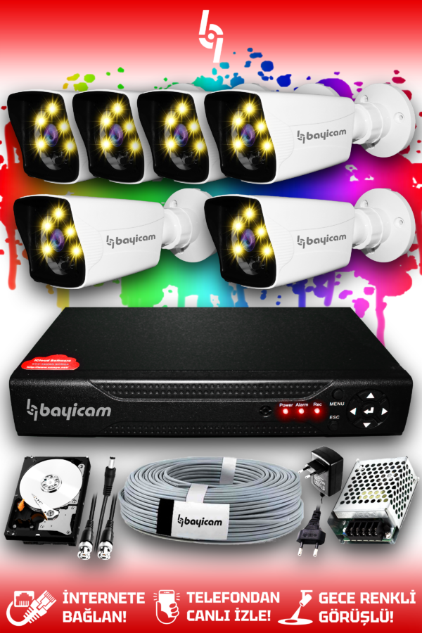 6 Kameralı Kare 6 Dış Kamera Set 2 TB HDD Full HD Renkli Gece Görüşlü Güvenlik Kamerası Sistemi