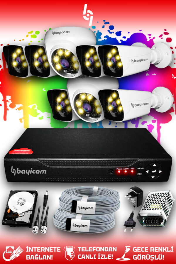 8 Kameralı Kare 2 İç Kamera Set 1 TB HDD Full HD Renkli Gece Görüşlü Güvenlik Kamerası Sistemi