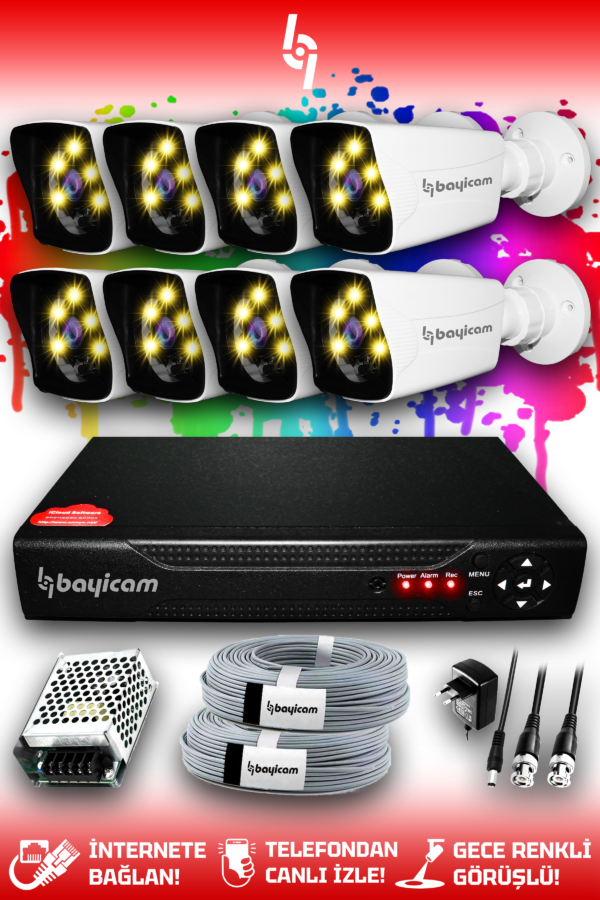 8 Kameralı Kare 8 Dış Kamera Set HDD'siz Full HD Renkli Gece Görüşlü Güvenlik Kamerası Sistemi