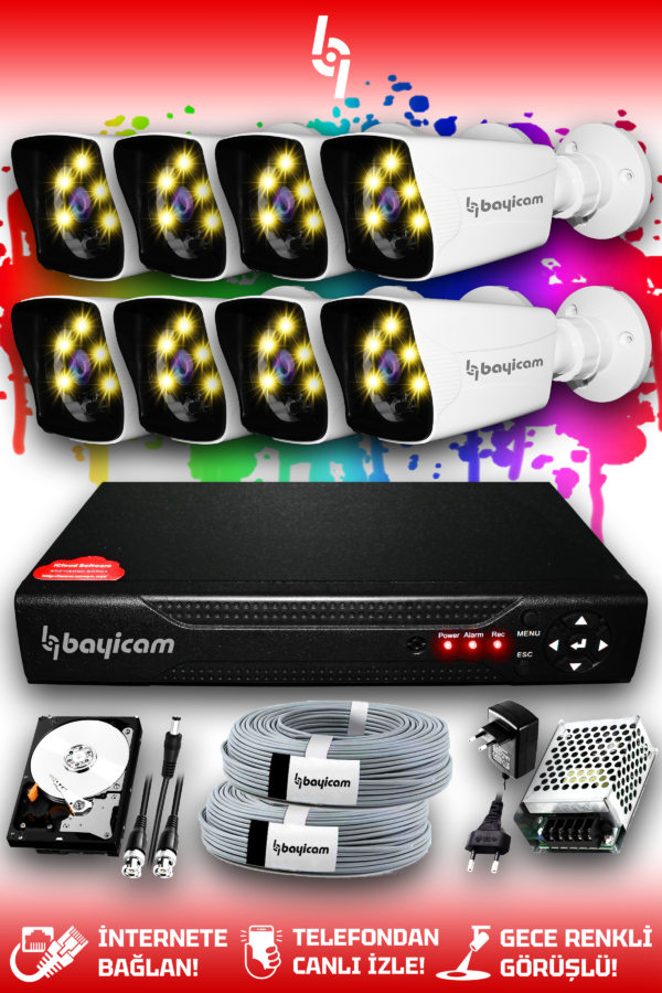 8 Kameralı Kare 8 Dış Kamera Set 1 TB HDD Full HD Renkli Gece Görüşlü Güvenlik Kamerası Sistemi
