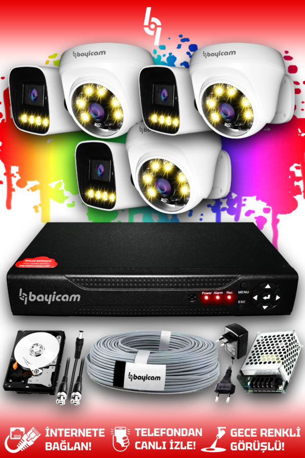 6 Kameralı Zebra 3 İç Kamera Set 100 GB HDD Full HD Renkli Gece Görüşlü Güvenlik Kamerası Sistemi