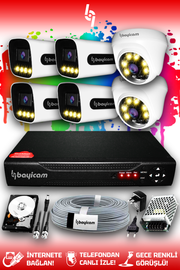 6 Kameralı Zebra 2 İç Kamera Set 500 GB HDD Full HD Renkli Gece Görüşlü Güvenlik Kamerası Sistemi