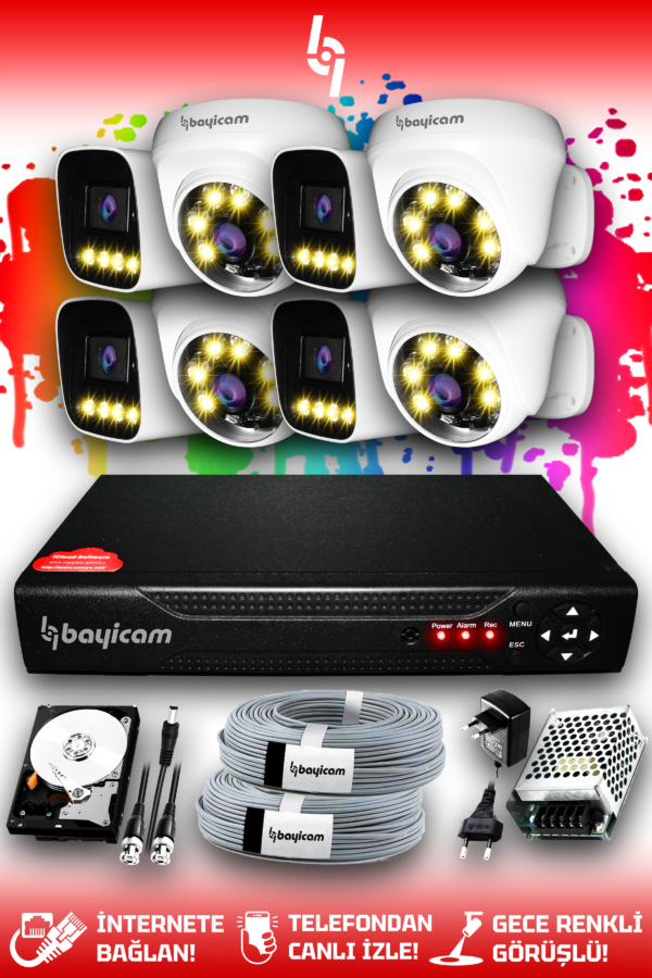 8 Kameralı Zebra 4 İç Kamera Set 2 TB HDD Full HD Renkli Gece Görüşlü Güvenlik Kamerası Sistemi