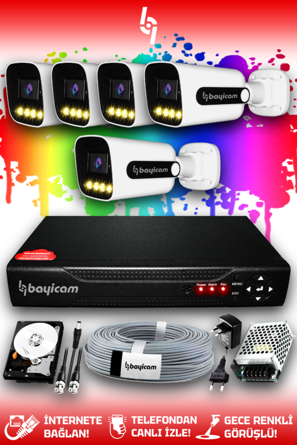 5 Kameralı Zebra 5 Dış Kamera Set 1 TB HDD Full HD Renkli Gece Görüşlü Güvenlik Kamerası Sistemi