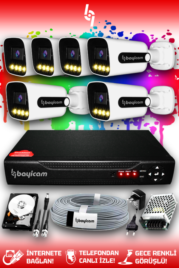 6 Kameralı Zebra 6 Dış Kamera Set 500 GB HDD Full HD Renkli Gece Görüşlü Güvenlik Kamerası Sistemi