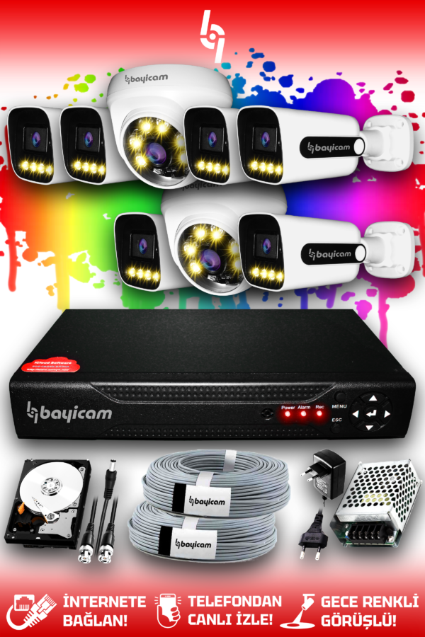 8 Kameralı Zebra 2 İç Kamera Set 2 TB HDD Full HD Renkli Gece Görüşlü Güvenlik Kamerası Sistemi
