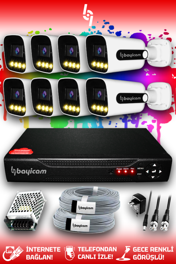 8 Kameralı Zebra 8 Dış Kamera Set HDD'siz Full HD Renkli Gece Görüşlü Güvenlik Kamerası Sistemi
