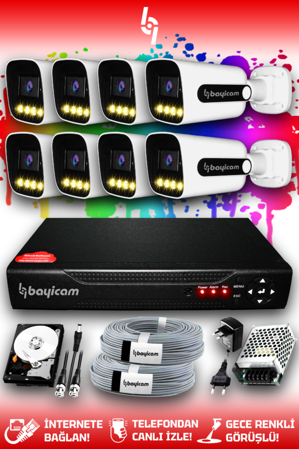 8 Kameralı Zebra 8 Dış Kamera Set 2 TB HDD Full HD Renkli Gece Görüşlü Güvenlik Kamerası Sistemi