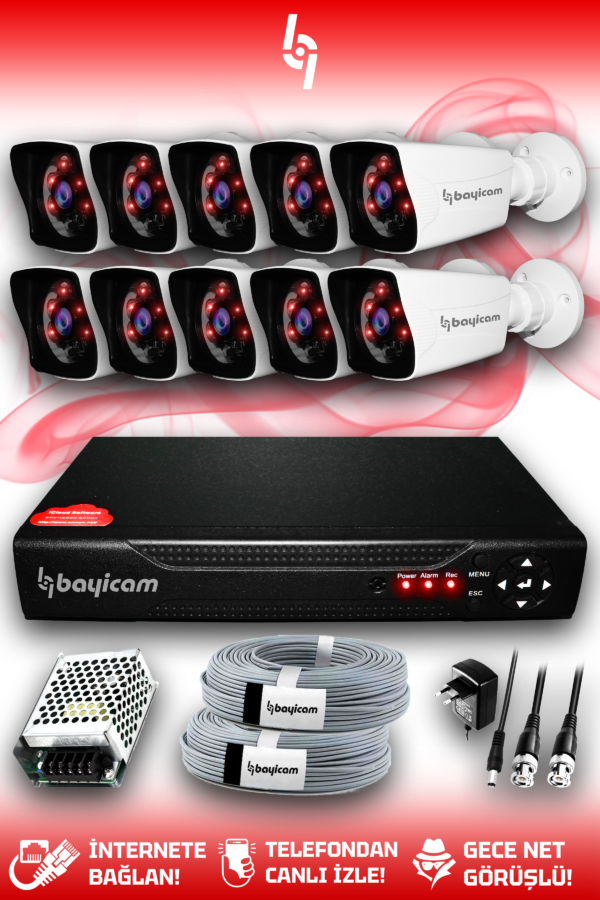 10 Kameralı Kare 10 Dış Kamera Set HDD'siz Full HD Gece Görüşlü Güvenlik Kamerası Sistemi