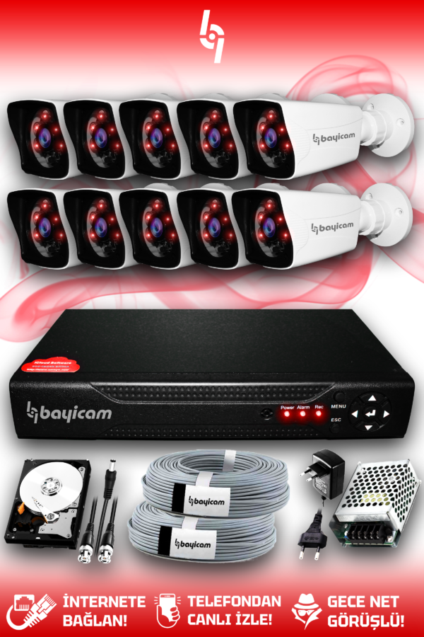 10 Kameralı Kare 10 Dış Kamera Set 1 TB HDD Full HD Gece Görüşlü Güvenlik Kamerası Sistemi