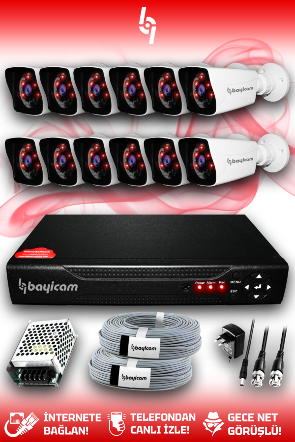 12 Kameralı Kare 12 Dış Kamera Set HDD'siz Full HD Gece Görüşlü Güvenlik Kamerası Sistemi