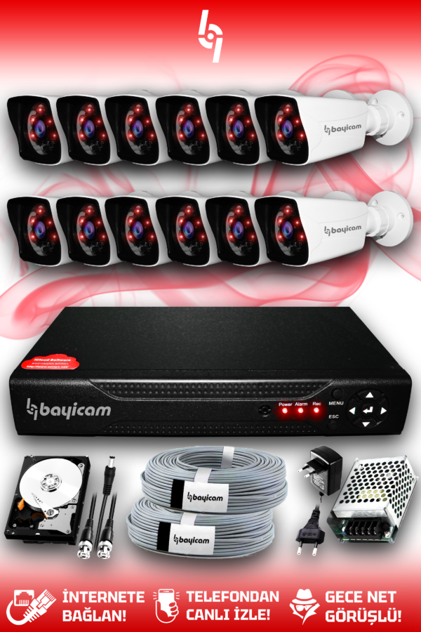 12 Kameralı Kare 12 Dış Kamera Set 1 TB HDD Full HD Gece Görüşlü Güvenlik Kamerası Sistemi