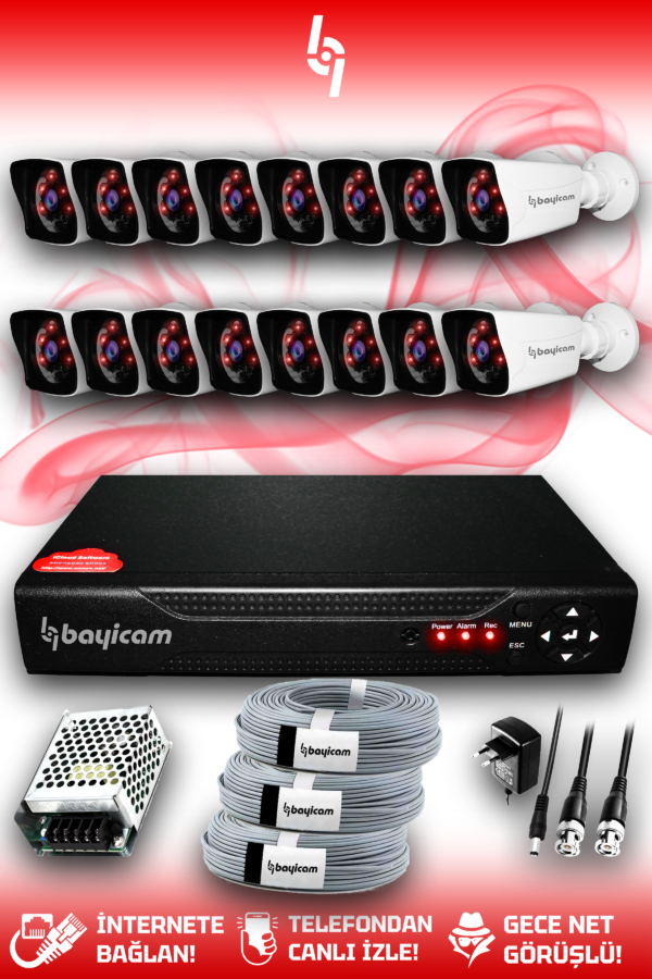 16 Kameralı Kare 16 Dış Kamera Set HDD'siz Full HD Gece Görüşlü Güvenlik Kamerası Sistemi