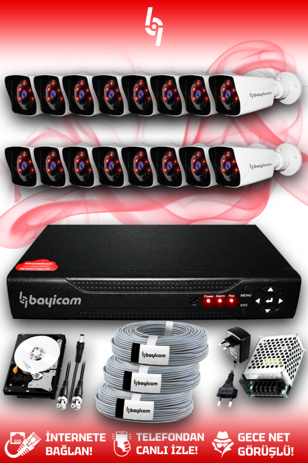 16 Kameralı Kare 16 Dış Kamera Set 1 TB HDD Full HD Gece Görüşlü Güvenlik Kamerası Sistemi