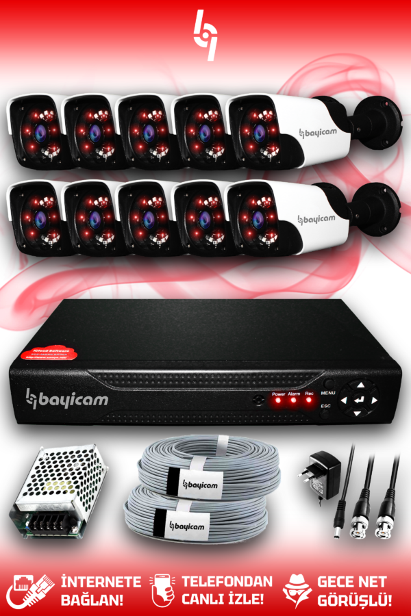 10 Kameralı Panda 10 Dış Kamera Set HDD'siz Full HD Gece Görüşlü Güvenlik Kamerası Sistemi