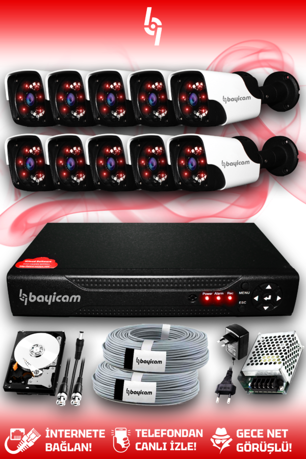 10 Kameralı Panda 10 Dış Kamera Set 1 TB HDD Full HD Gece Görüşlü Güvenlik Kamerası Sistemi