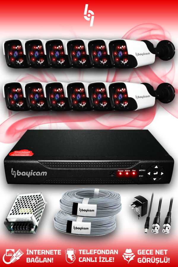 12 Kameralı Panda 12 Dış Kamera Set HDD'siz Full HD Gece Görüşlü Güvenlik Kamerası Sistemi
